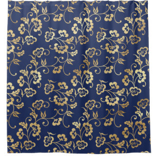 Navy and Gold Floral Pattern Douchegordijn