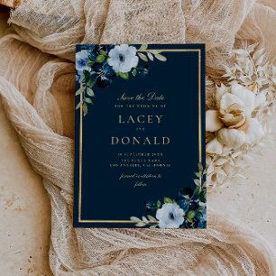 Navy and gold floral Save the Date Kaart