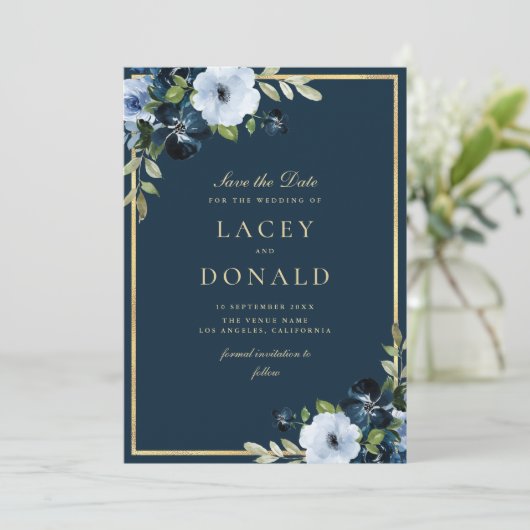Navy and gold floral Save the Date Kaart (Staand voorkant)
