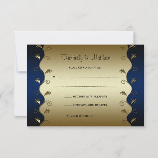 Navy and Gold Floral Swirls RSVP (Voorkant)