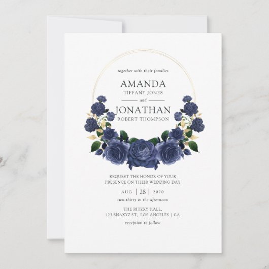 Navy and Gold Floral Wedding Kaart (Voorkant)