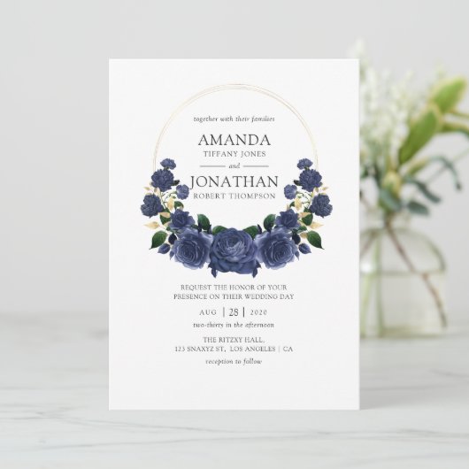 Navy and Gold Floral Wedding Kaart (Staand voorkant)