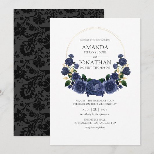 Navy and Gold Floral Wedding Kaart (Voorkant / Achterkant)
