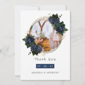 Navy and Gold Floral Wedding Photo Collage Bedankkaart (Voorkant)