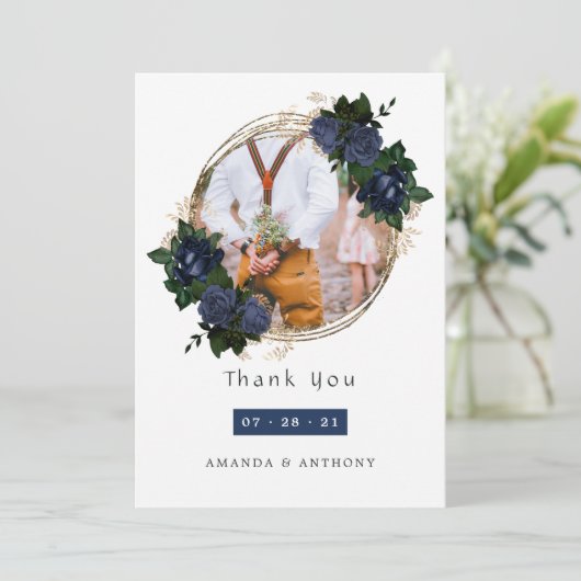 Navy and Gold Floral Wedding Photo Collage Bedankkaart (Staand voorkant)