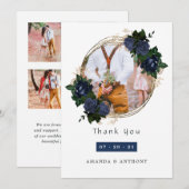 Navy and Gold Floral Wedding Photo Collage Bedankkaart (Voorkant / Achterkant)