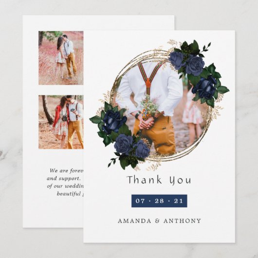 Navy and Gold Floral Wedding Photo Collage Bedankkaart (Voorkant / Achterkant)