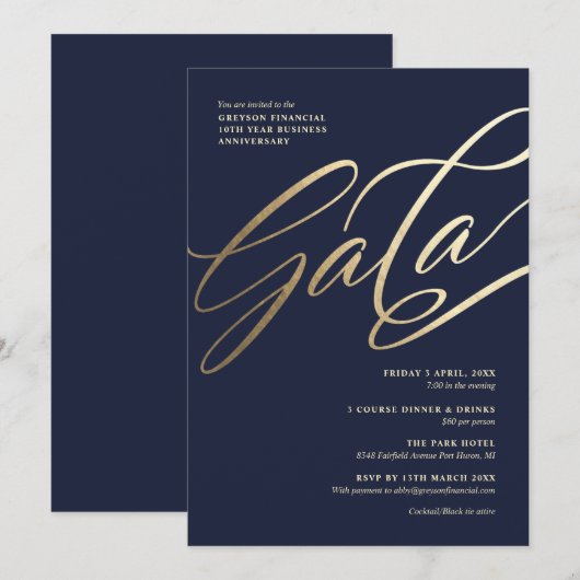 Navy and Gold Gala Invitation Kaart (Voorkant / Achterkant)