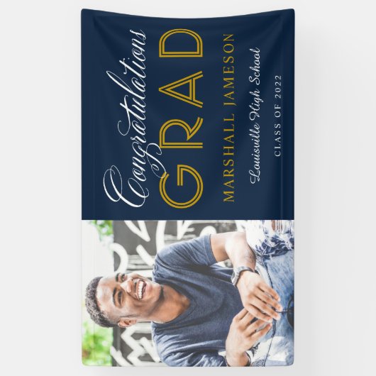 Navy and Gold Gefeliciteerd Afstuderen Foto Spandoek (Verticaal)