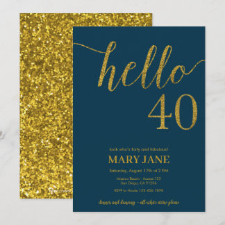 Navy and Gold Glitter 40th Birthday Invitation Kaart