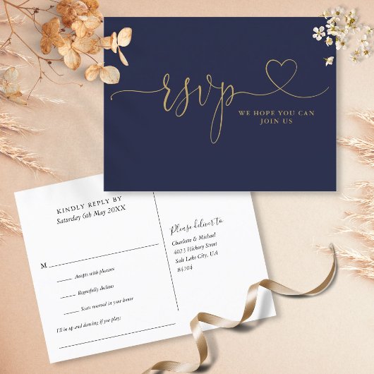 Navy and Gold Heart Script Song Request RSVP-kaart Uitnodiging Briefkaart