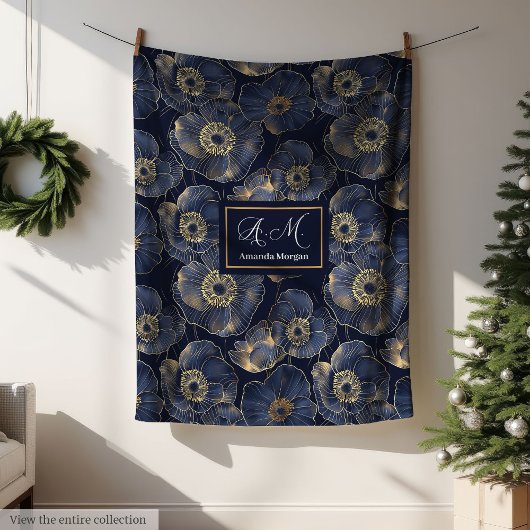 Navy and Gold Lux Blanket Custom Name Floral Gift Fleece Deken