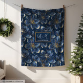 Navy and Gold Lux Blanket Custom Name Floral Gift Fleece Deken