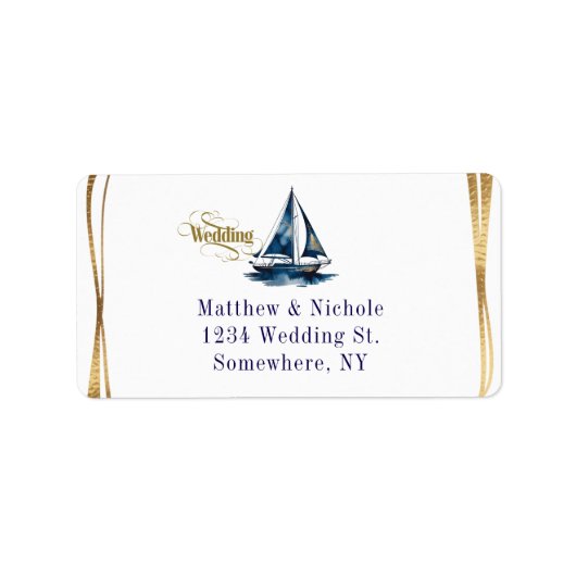 Navy and Gold Nautical Boat Gold Frame Wedding Etiket (Voorkant)