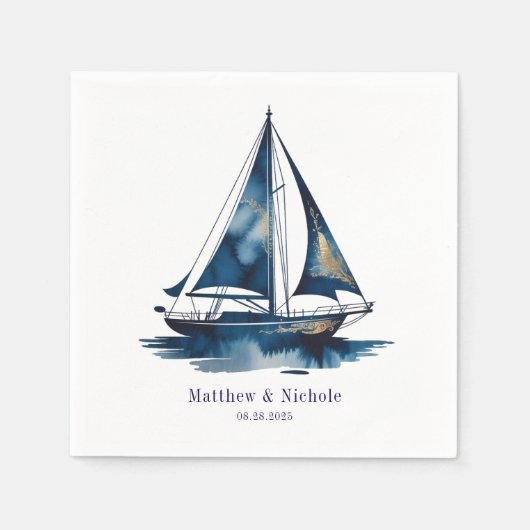 Navy and Gold Nautical Boat Gold Frame Wedding Servet (Voorkant)