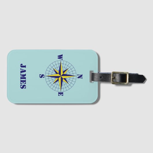 Navy and Gold Nautical Compass Roos met naam Bagagelabel (Voorkant (horizontaal))