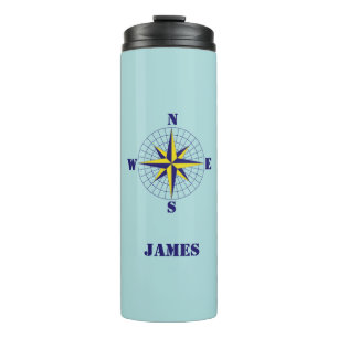 Navy and Gold Nautical Compass Roos met naam Thermosbeker