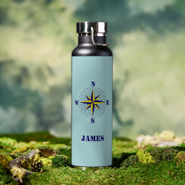 Navy and Gold Nautical Compass Roos met naam Waterfles