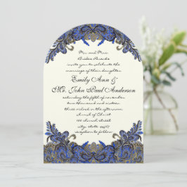 Navy and Gold Paisley Peacock Wedding Invitation Kaart