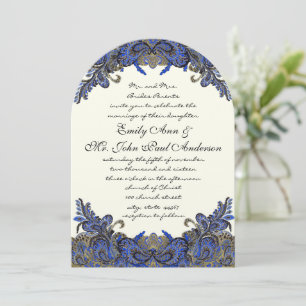 Navy and Gold Paisley Peacock Wedding Invitation Kaart