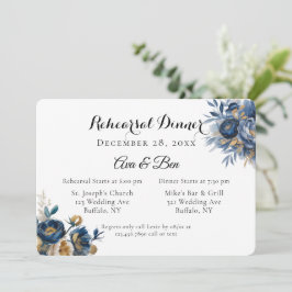 Navy and Gold Peony Flowers Rehearsal Dinner Kaart