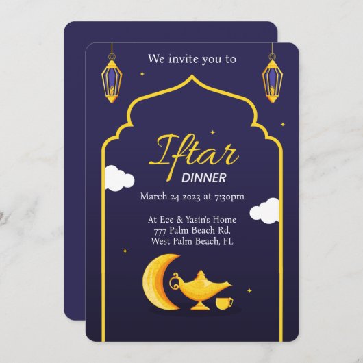 Navy and Gold Ramadan Iftar Dinner Invitation Kaart (Voorkant / Achterkant)
