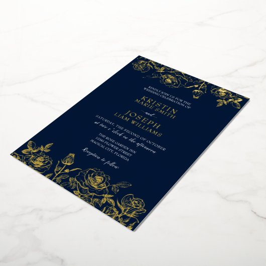 Navy and Gold Roos Garden Folie Invitation Folie Uitnodiging (Gedraaid)