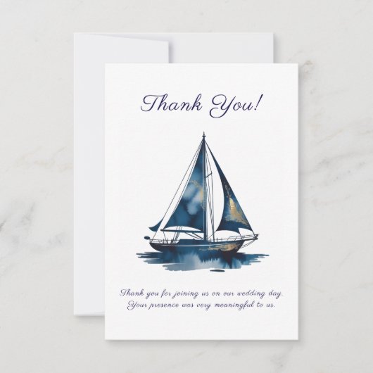 Navy And Gold Sailboat Nautical Wedding Bedankkaart (Voorkant)
