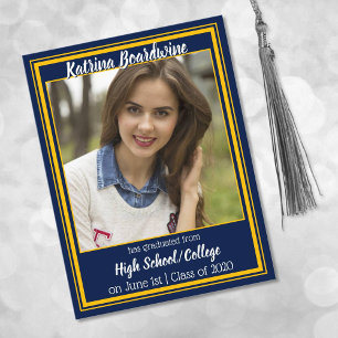 Navy and Gold School Colors Foto Afstuderen Aankondigingskaart