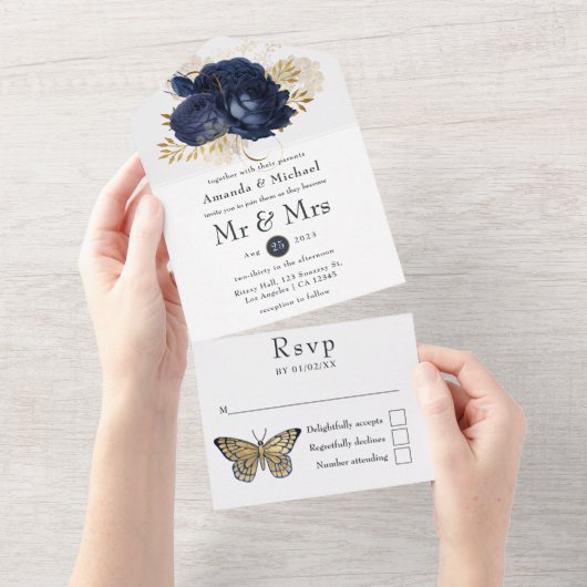 Navy and Gold  Shabby Rozen Wedding All In One Uitnodiging (Afscheurbaar)