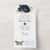 Navy and Gold  Shabby Rozen Wedding All In One Uitnodiging (Binnen)