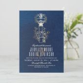 Navy and Gold Skeleton Key Vintage Wedding Kaart (Staand voorkant)
