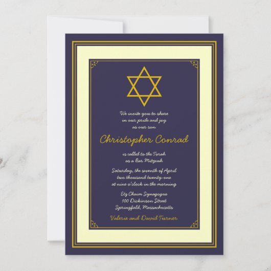 Navy and Gold Star van David Bar Mitzvah Invitatio Kaart (Voorkant)