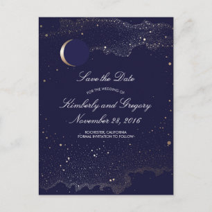 Navy and Gold Sterrennacht Moon Save the Date Aankondigingskaart