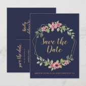 Navy and Gold terrarium botanical Save the Date Aankondigingskaart (Voorkant / Achterkant)