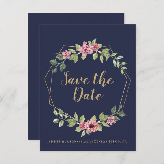 Navy and Gold terrarium botanical Save the Date Aankondigingskaart (Voorkant / Achterkant)
