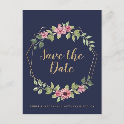 Navy and Gold terrarium botanical Save the Date Aankondigingskaart (Voorkant)