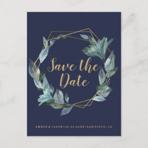Navy and Gold terrarium botanical Save the Date Briefkaart