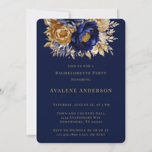 Navy and Gold Waterverf Peony Bachelorette Party Kaart (Voorkant)