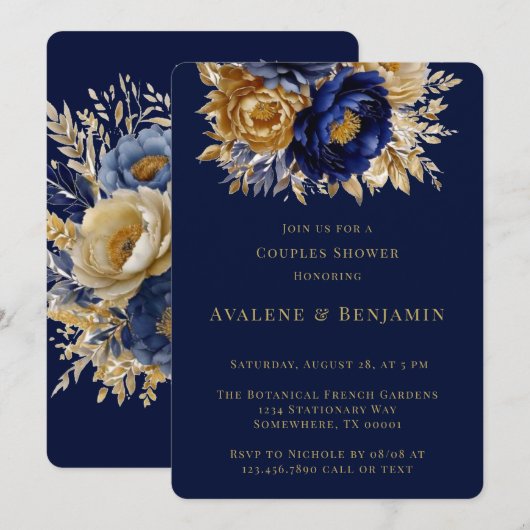 Navy and Gold Waterverf Peony Couples Douche Kaart (Voorkant / Achterkant)