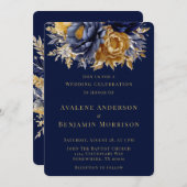 Navy and Gold Waterverf Peony Wedding Celebration Kaart (Voorkant / Achterkant)