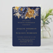 Navy and Gold Waterverf Peony Wedding Celebration Kaart (Staand voorkant)