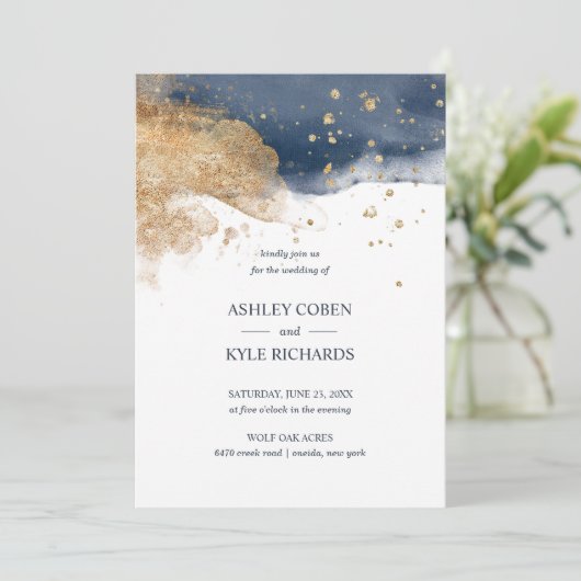 Navy and Gold Wedding Kaart (Staand voorkant)