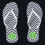 Navy and Green Chevron Monogram Teenslippers<br><div class="desc">Aangepast gedrukte flip flop sandalen met een stijlvol modern chevron-patroon en uw aangepaste monogram of andere tekst in een cirkelvormig lijst. Klik aanpassen het om tekstdoopvonten en kleuren te veranderen of uw eigen afbeeldingen toe te voegen om unieke één van een soortontwerp te creëer!</div>