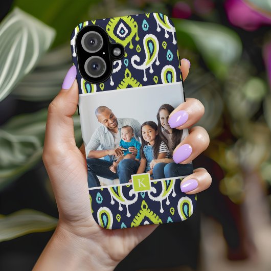 Navy and Green Ikat Paisley Custom Photo Monogram Case-Mate iPhone Case