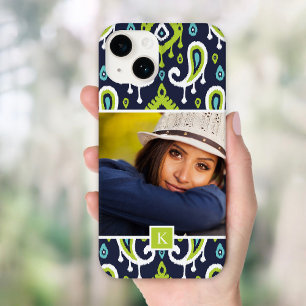 Navy and Green Ikat Paisley Custom Photo Monogram Case-Mate iPhone 14 Hoesje