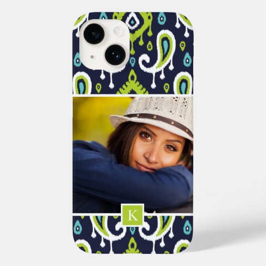 Navy and Green Ikat Paisley Custom Photo Monogram Case-Mate iPhone Case (Achterkant)