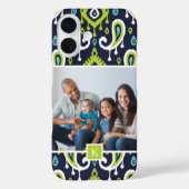 Navy and Green Ikat Paisley Custom Photo Monogram Case-Mate iPhone Case (Achterkant)