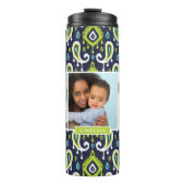 Navy and Green Ikat Paisley Custom Photo Monogram Thermosbeker (Voorkant)
