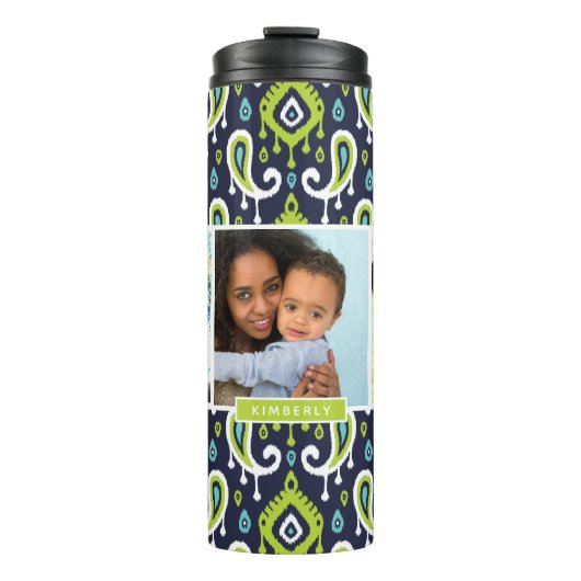 Navy and Green Ikat Paisley Custom Photo Monogram Thermosbeker (Voorkant)